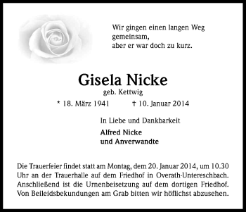 Anzeige von Gisela Nicke von Kölner Stadt-Anzeiger / Kölnische Rundschau / Express