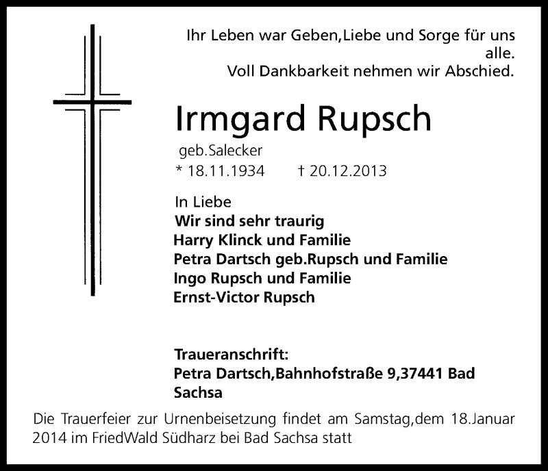  Traueranzeige für Irmgard Rupsch vom 15.01.2014 aus Kölner Stadt-Anzeiger / Kölnische Rundschau / Express