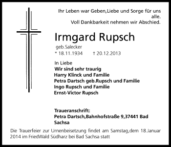 Anzeige von Irmgard Rupsch von Kölner Stadt-Anzeiger / Kölnische Rundschau / Express