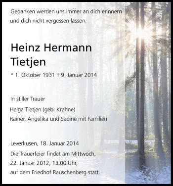Anzeige von Heinz Herman Tietjen von Kölner Stadt-Anzeiger / Kölnische Rundschau / Express