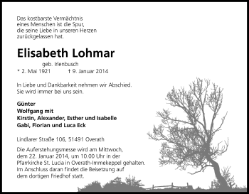 Anzeige von Elisabeth Lohmar von Kölner Stadt-Anzeiger / Kölnische Rundschau / Express