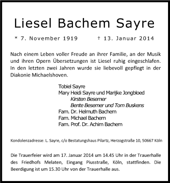 Anzeige von Liesel Bachem Sayre von Kölner Stadt-Anzeiger / Kölnische Rundschau / Express