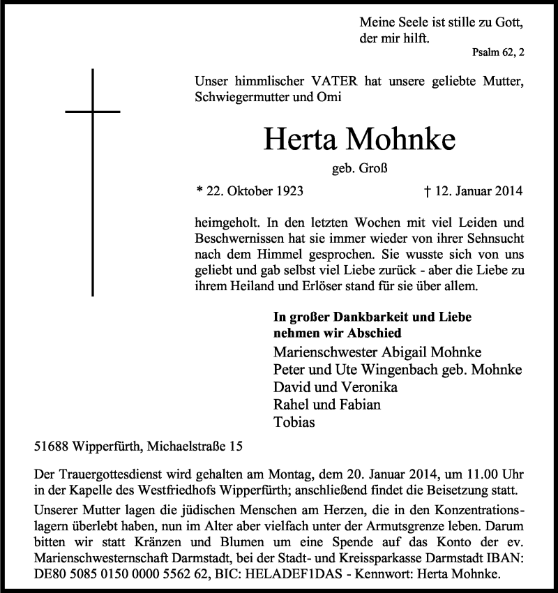  Traueranzeige für Herta Mohnke vom 15.01.2014 aus Kölner Stadt-Anzeiger / Kölnische Rundschau / Express