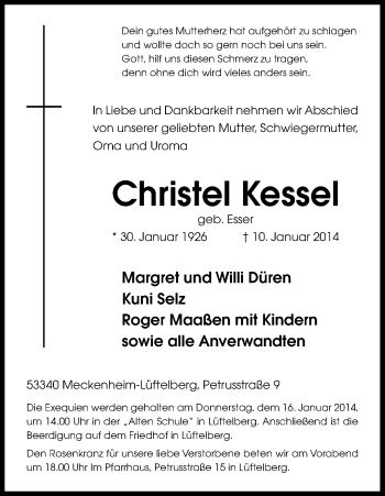 Anzeige von Christel Kessel von Kölner Stadt-Anzeiger / Kölnische Rundschau / Express