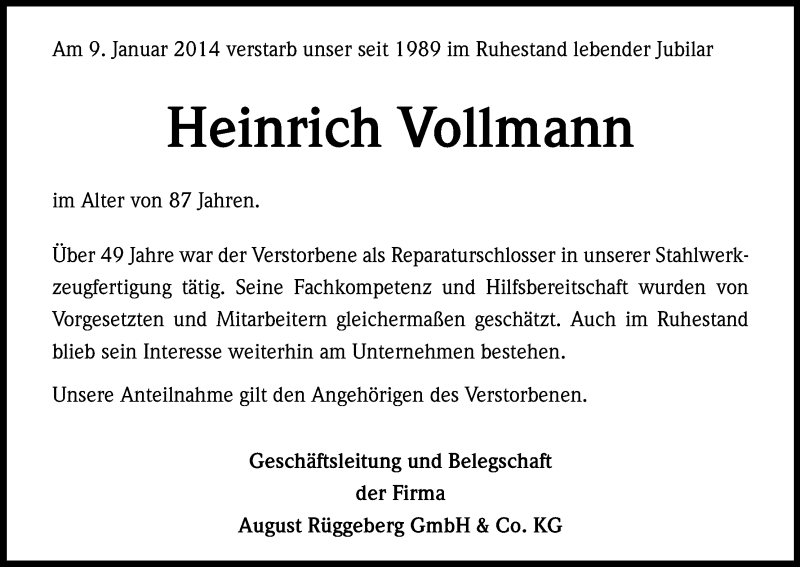  Traueranzeige für Heinrich Vollmann vom 15.01.2014 aus Kölner Stadt-Anzeiger / Kölnische Rundschau / Express
