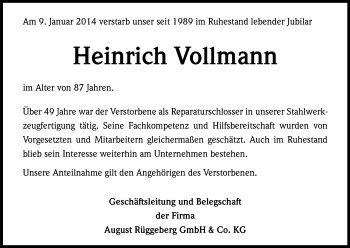 Anzeige von Heinrich Vollmann von Kölner Stadt-Anzeiger / Kölnische Rundschau / Express