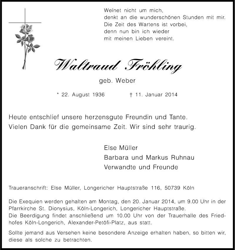  Traueranzeige für Waltraud Fröhling vom 16.01.2014 aus Kölner Stadt-Anzeiger / Kölnische Rundschau / Express