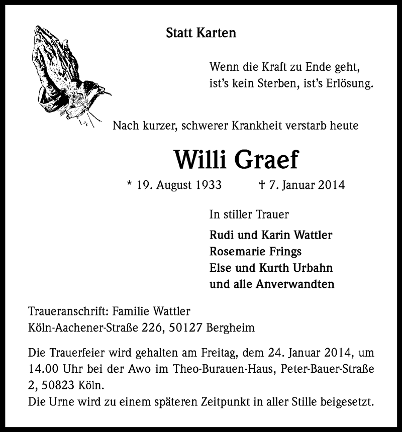  Traueranzeige für Willi Graef vom 18.01.2014 aus Kölner Stadt-Anzeiger / Kölnische Rundschau / Express