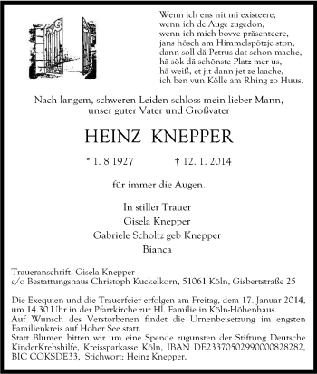 Anzeige von Heinz Knepper von Kölner Stadt-Anzeiger / Kölnische Rundschau / Express