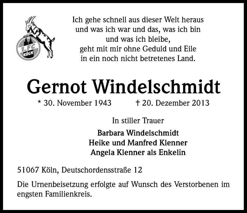  Traueranzeige für Gernot Windelschmidt vom 15.01.2014 aus Kölner Stadt-Anzeiger / Kölnische Rundschau / Express