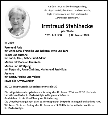 Anzeige von Irmtraud Stahlhacke von Kölner Stadt-Anzeiger / Kölnische Rundschau / Express
