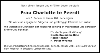 Anzeige von Charlotte te Peerdt von Kölner Stadt-Anzeiger / Kölnische Rundschau / Express