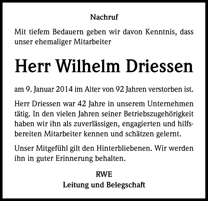 Traueranzeige für Wilhelm Driessen vom 15.01.2014 aus Kölner Stadt-Anzeiger / Kölnische Rundschau / Express