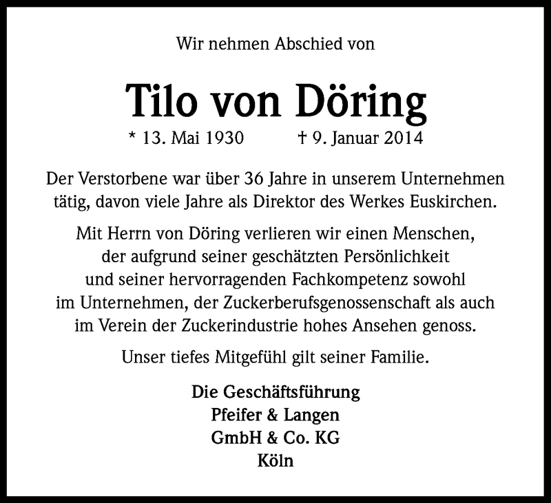  Traueranzeige für Tilo von Döring vom 15.01.2014 aus Kölner Stadt-Anzeiger / Kölnische Rundschau / Express