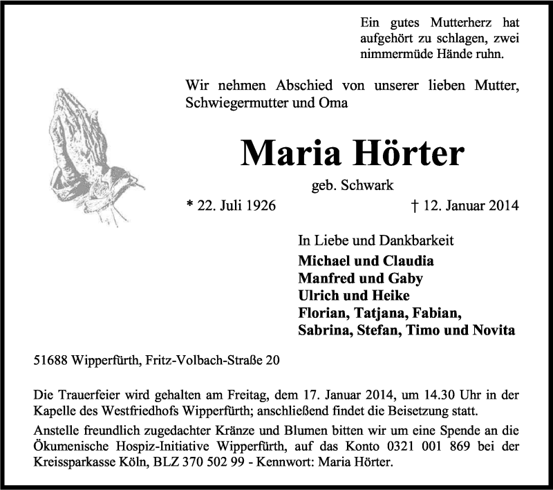  Traueranzeige für Maria Hörter vom 15.01.2014 aus Kölner Stadt-Anzeiger / Kölnische Rundschau / Express
