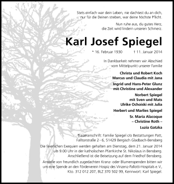 Anzeige von Karl Josef Spiegel von Kölner Stadt-Anzeiger / Kölnische Rundschau / Express