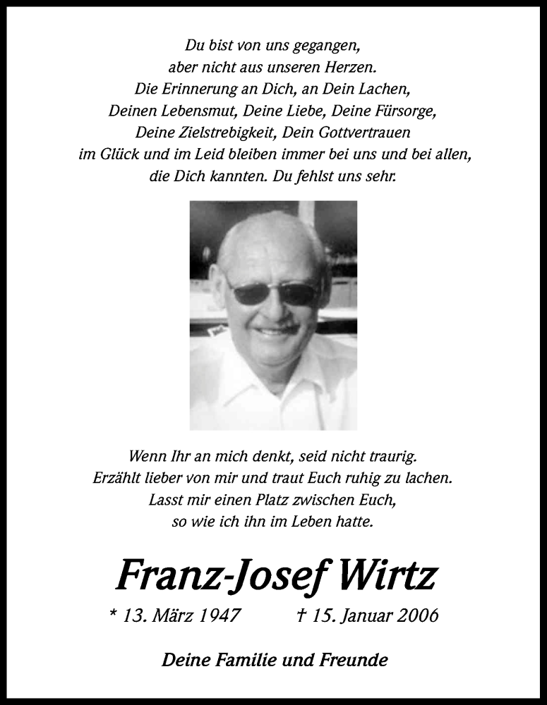  Traueranzeige für Franz-Josef Wirtz vom 15.01.2014 aus Kölner Stadt-Anzeiger / Kölnische Rundschau / Express