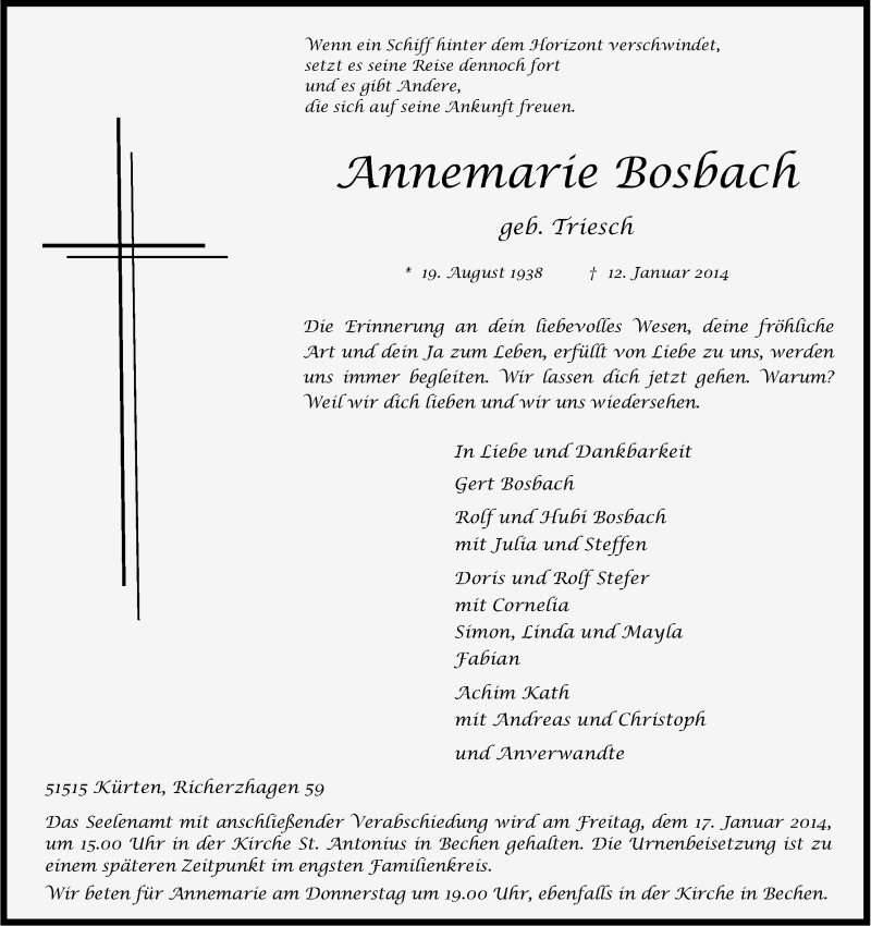  Traueranzeige für Annemarie Bosbach vom 15.01.2014 aus Kölner Stadt-Anzeiger / Kölnische Rundschau / Express