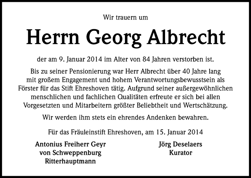  Traueranzeige für Georg Albrecht vom 15.01.2014 aus Kölner Stadt-Anzeiger / Kölnische Rundschau / Express