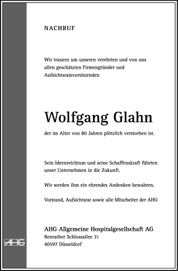 Anzeige von Wolfgang Glahn von Kölner Stadt-Anzeiger / Kölnische Rundschau / Express