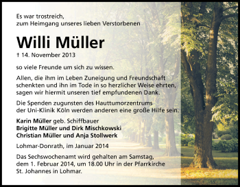 Anzeige von Willi Müller von Kölner Stadt-Anzeiger / Kölnische Rundschau / Express