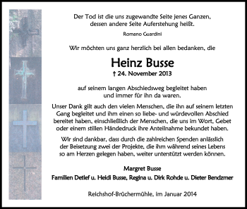 Anzeige von Heinz Busse von Kölner Stadt-Anzeiger / Kölnische Rundschau / Express