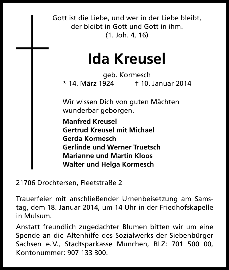  Traueranzeige für Ida Kreusel vom 15.01.2014 aus Kölner Stadt-Anzeiger / Kölnische Rundschau / Express