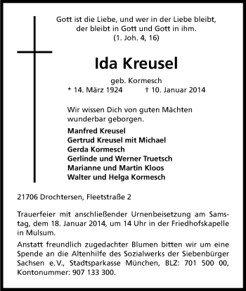 Anzeige von Ida Kreusel von Kölner Stadt-Anzeiger / Kölnische Rundschau / Express