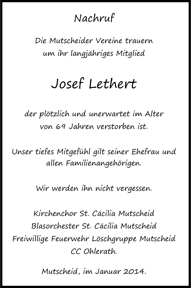  Traueranzeige für Josef Lethert vom 15.01.2014 aus Kölner Stadt-Anzeiger / Kölnische Rundschau / Express