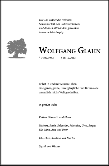 Anzeige von Wolfgang Glahn von Kölner Stadt-Anzeiger / Kölnische Rundschau / Express