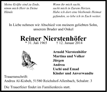 Anzeige von Reiner Nierstenhöfer von Kölner Stadt-Anzeiger / Kölnische Rundschau / Express