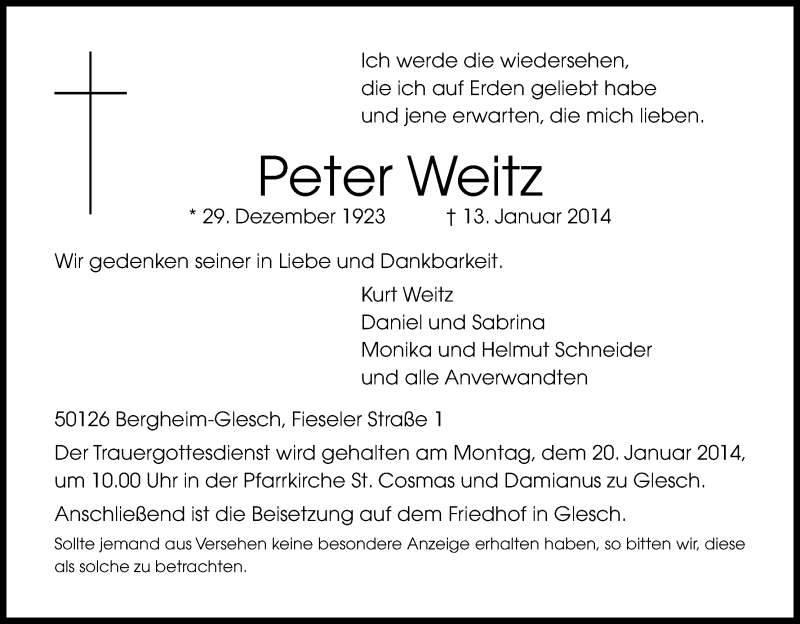  Traueranzeige für Peter Weiz vom 18.01.2014 aus Kölner Stadt-Anzeiger / Kölnische Rundschau / Express