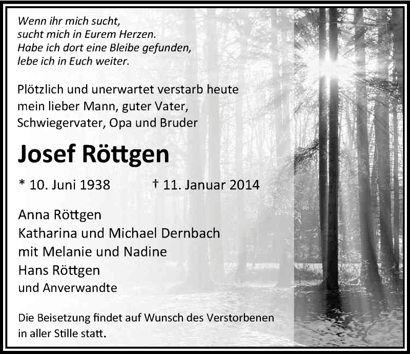  Traueranzeige für Josef Röttgen vom 18.01.2014 aus Kölner Stadt-Anzeiger / Kölnische Rundschau / Express