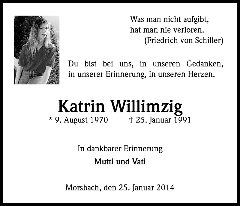  Traueranzeige für Katrin Willimzig vom 25.01.2014 aus Kölner Stadt-Anzeiger / Kölnische Rundschau / Express