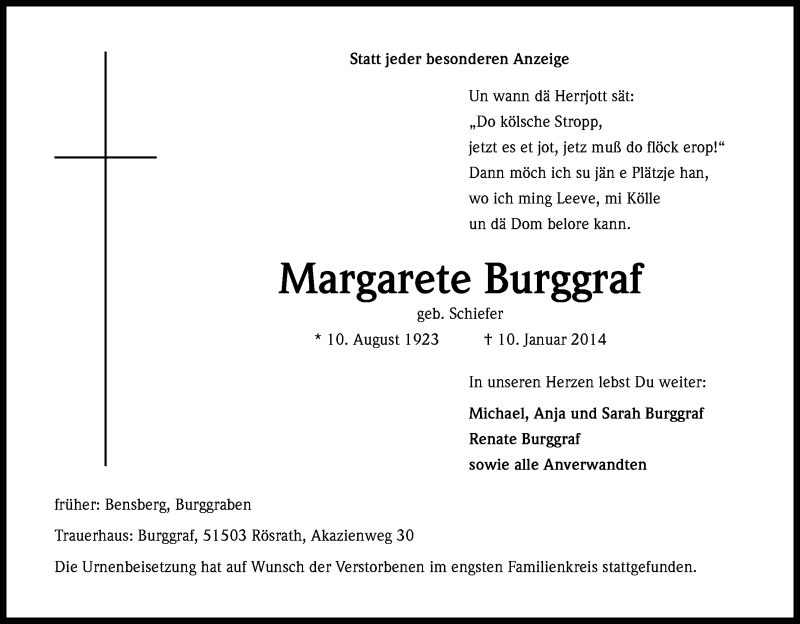  Traueranzeige für Margarete Burggraf vom 22.01.2014 aus Kölner Stadt-Anzeiger / Kölnische Rundschau / Express