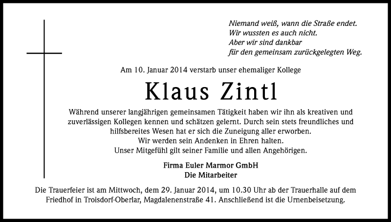  Traueranzeige für Klaus Zintl vom 18.01.2014 aus Kölner Stadt-Anzeiger / Kölnische Rundschau / Express