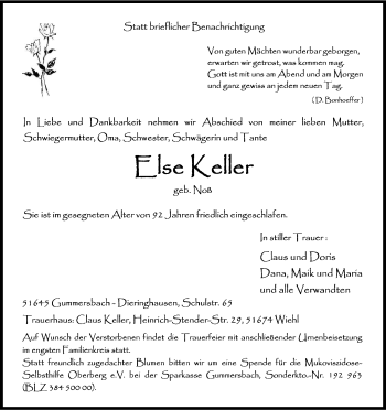 Anzeige von Else Keller von Kölner Stadt-Anzeiger / Kölnische Rundschau / Express