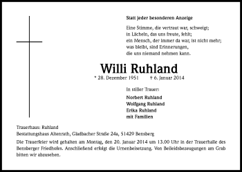 Anzeige von Willi Ruhland von Kölner Stadt-Anzeiger / Kölnische Rundschau / Express
