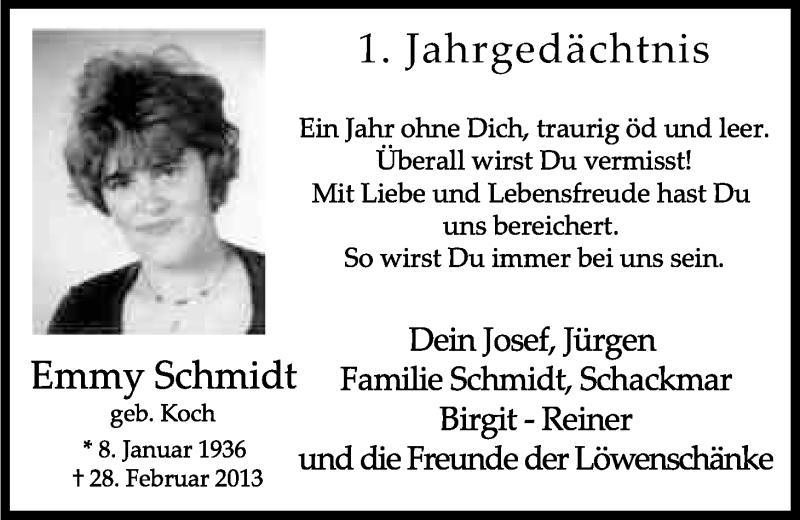  Traueranzeige für Emmy Schmidt vom 28.02.2014 aus Kölner Stadt-Anzeiger / Kölnische Rundschau / Express