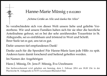 Anzeige von Hanne-Marie Müssig von Kölner Stadt-Anzeiger / Kölnische Rundschau / Express