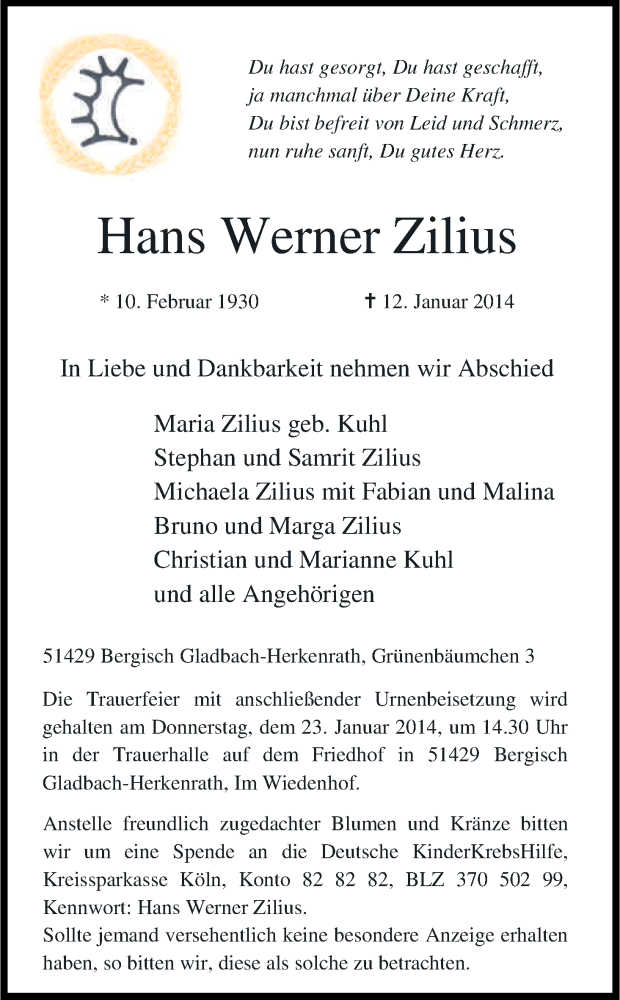  Traueranzeige für Hans Werner Zilius vom 16.01.2014 aus Kölner Stadt-Anzeiger / Kölnische Rundschau / Express