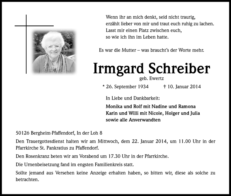  Traueranzeige für Irmgard Schreiber vom 18.01.2014 aus Kölner Stadt-Anzeiger / Kölnische Rundschau / Express