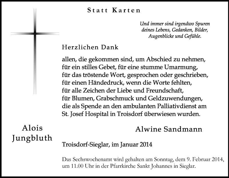  Traueranzeige für Alois Jungbluth vom 25.01.2014 aus Kölner Stadt-Anzeiger / Kölnische Rundschau / Express