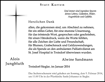 Anzeige von Alois Jungbluth von Kölner Stadt-Anzeiger / Kölnische Rundschau / Express