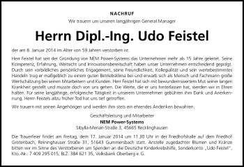 Anzeige von Udo Feistel von Kölner Stadt-Anzeiger / Kölnische Rundschau / Express
