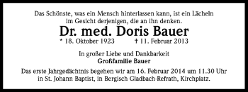 Anzeige von Doris Bauer von Kölner Stadt-Anzeiger / Kölnische Rundschau / Express