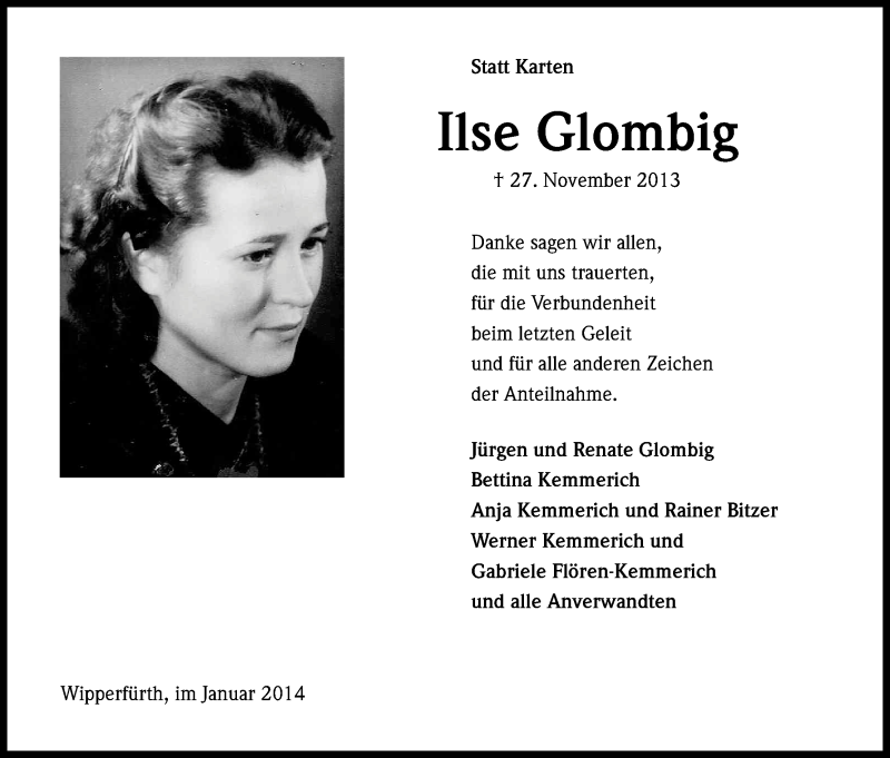  Traueranzeige für Ilse Glombig vom 18.01.2014 aus Kölner Stadt-Anzeiger / Kölnische Rundschau / Express