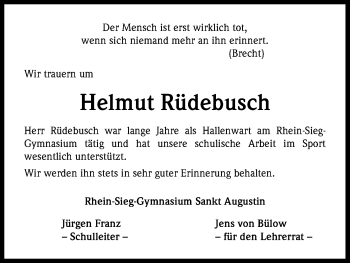 Anzeige von Helmut Rüdebusch von Kölner Stadt-Anzeiger / Kölnische Rundschau / Express