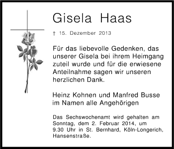 Anzeige von Gisela Haas von Kölner Stadt-Anzeiger / Kölnische Rundschau / Express