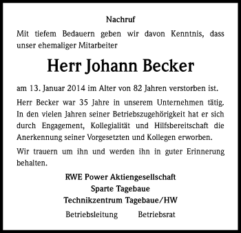 Anzeige von Johann Becker von Kölner Stadt-Anzeiger / Kölnische Rundschau / Express